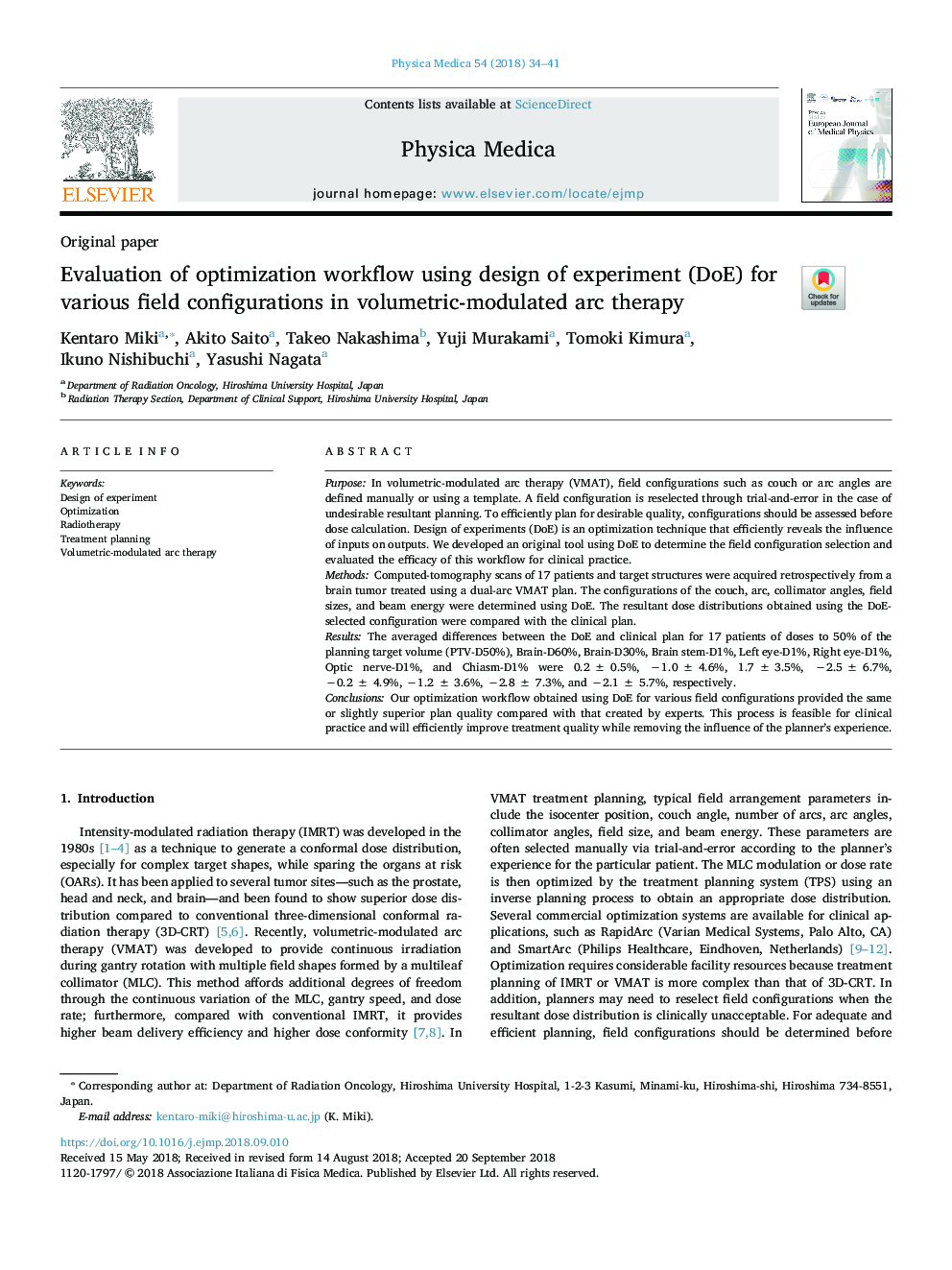 Evaluation of optimization workflow using design of experiment (DoE) for various field configurations in volumetric-modulated arc therapy