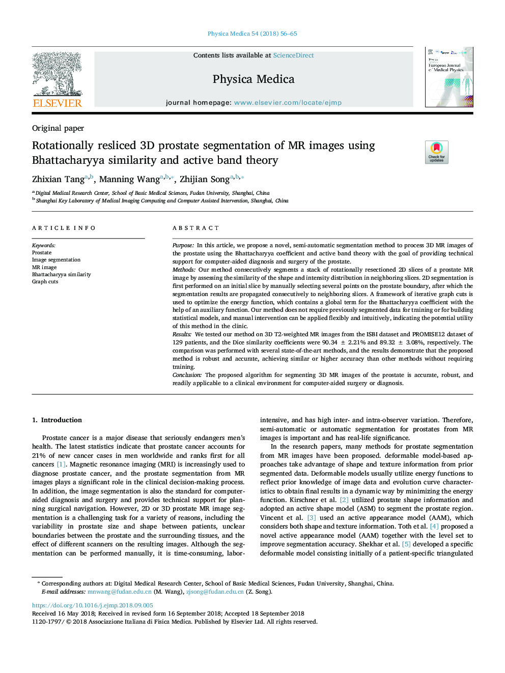 Rotationally resliced 3D prostate segmentation of MR images using Bhattacharyya similarity and active band theory