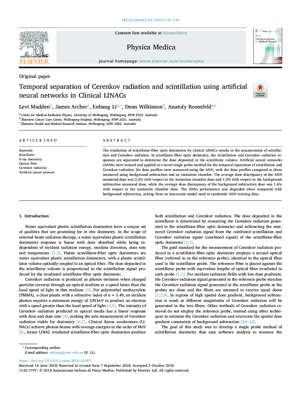 Temporal separation of Cerenkov radiation and scintillation using artificial neural networks in Clinical LINACs