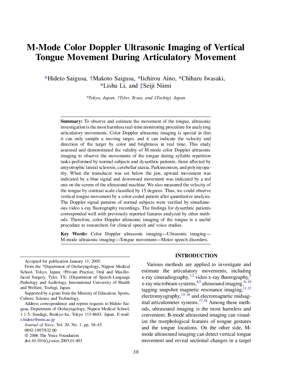 M-Mode Color Doppler Ultrasonic Imaging of Vertical Tongue Movement During Articulatory Movement 