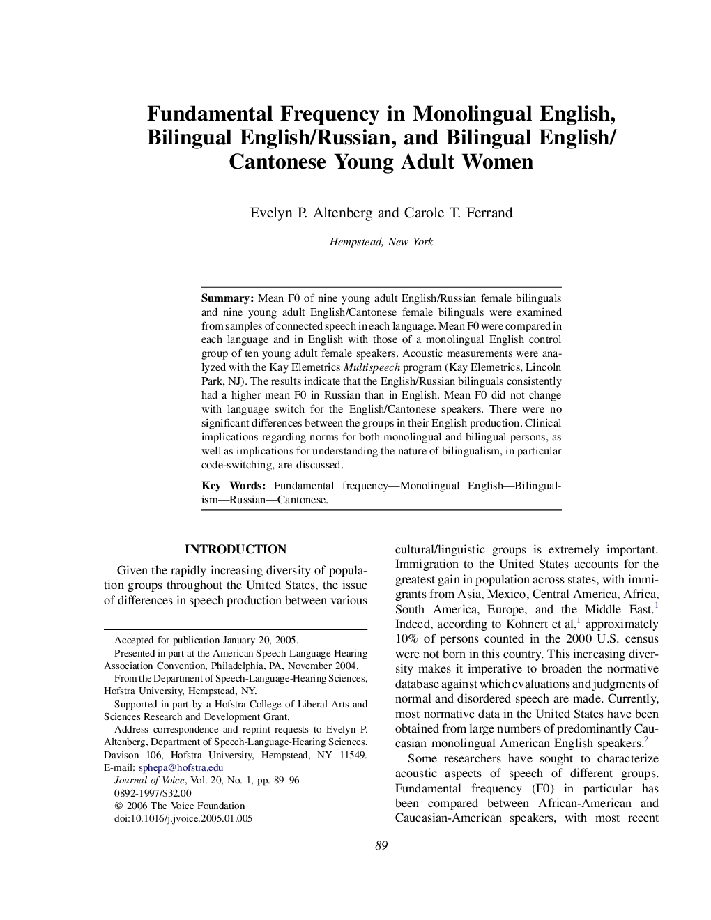 Fundamental Frequency in Monolingual English, Bilingual English/Russian, and Bilingual English/Cantonese Young Adult Women 
