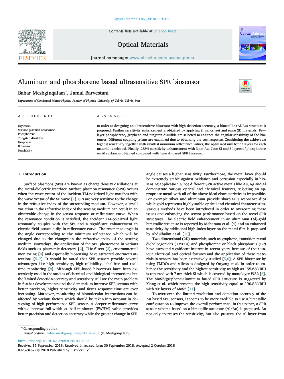 Aluminum and phosphorene based ultrasensitive SPR biosensor