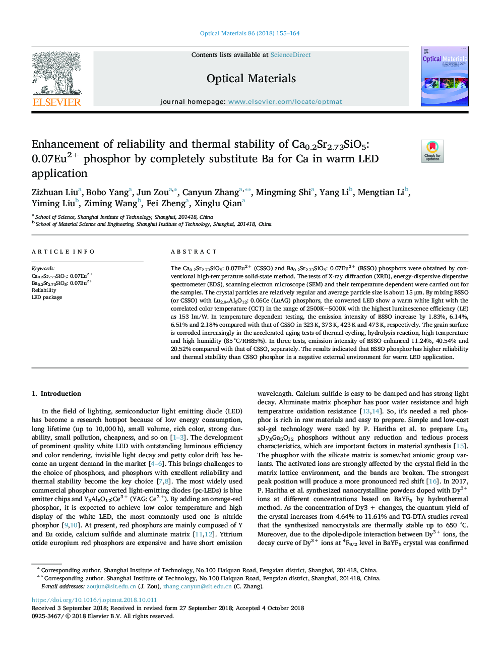 Enhancement of reliability and thermal stability of Ca0.2Sr2.73SiO5: 0.07Eu2+ phosphor by completely substitute Ba for Ca in warm LED application