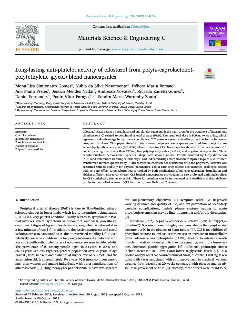 Long-lasting anti-platelet activity of cilostazol from poly(Îµ-caprolactone)-poly(ethylene glycol) blend nanocapsules