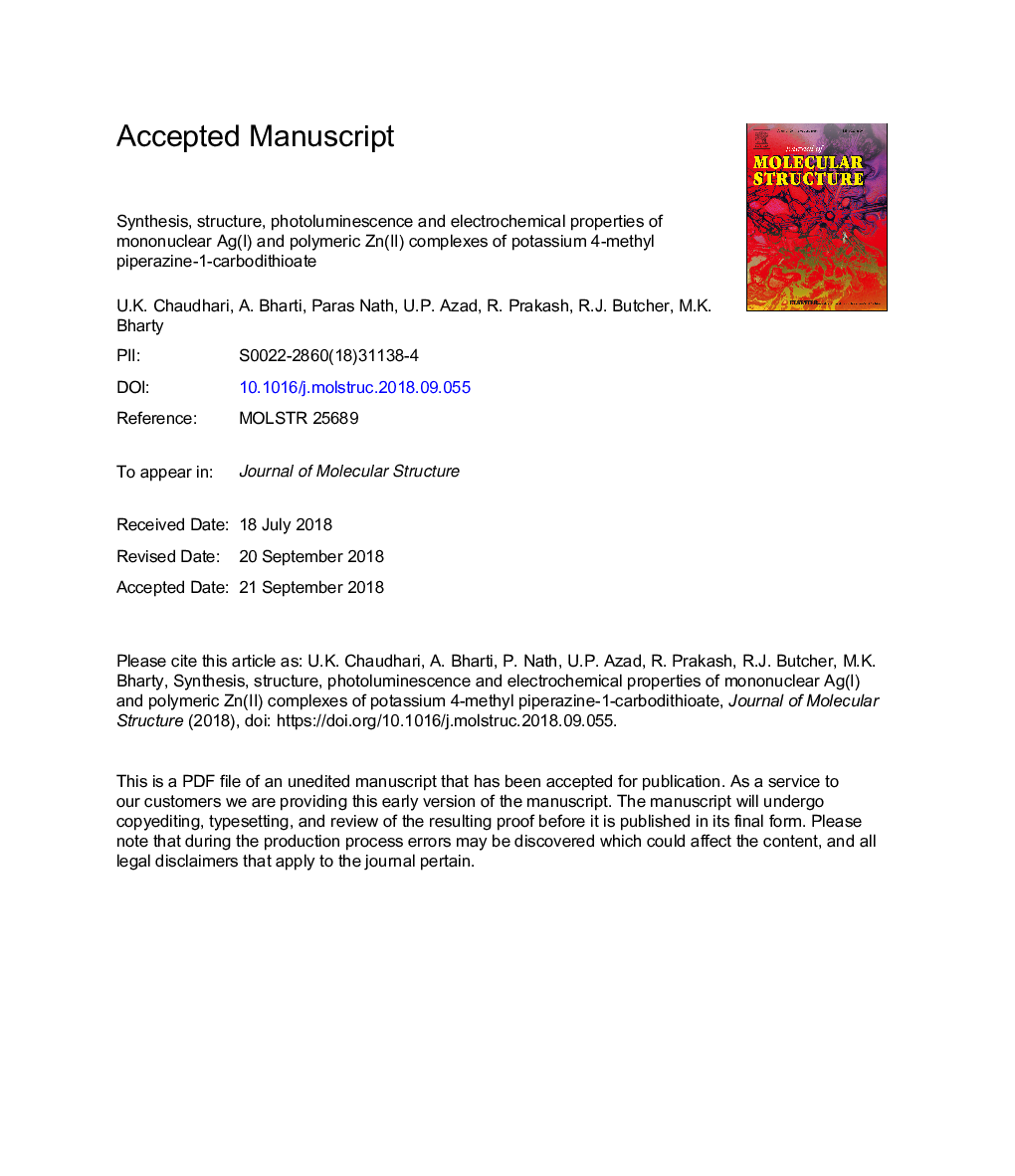 Synthesis, structure, photoluminescence and electrochemical properties of mononuclear Ag(I) and polymeric Zn(II) complexes of potassium 4-methyl piperazine-1-carbodithioate