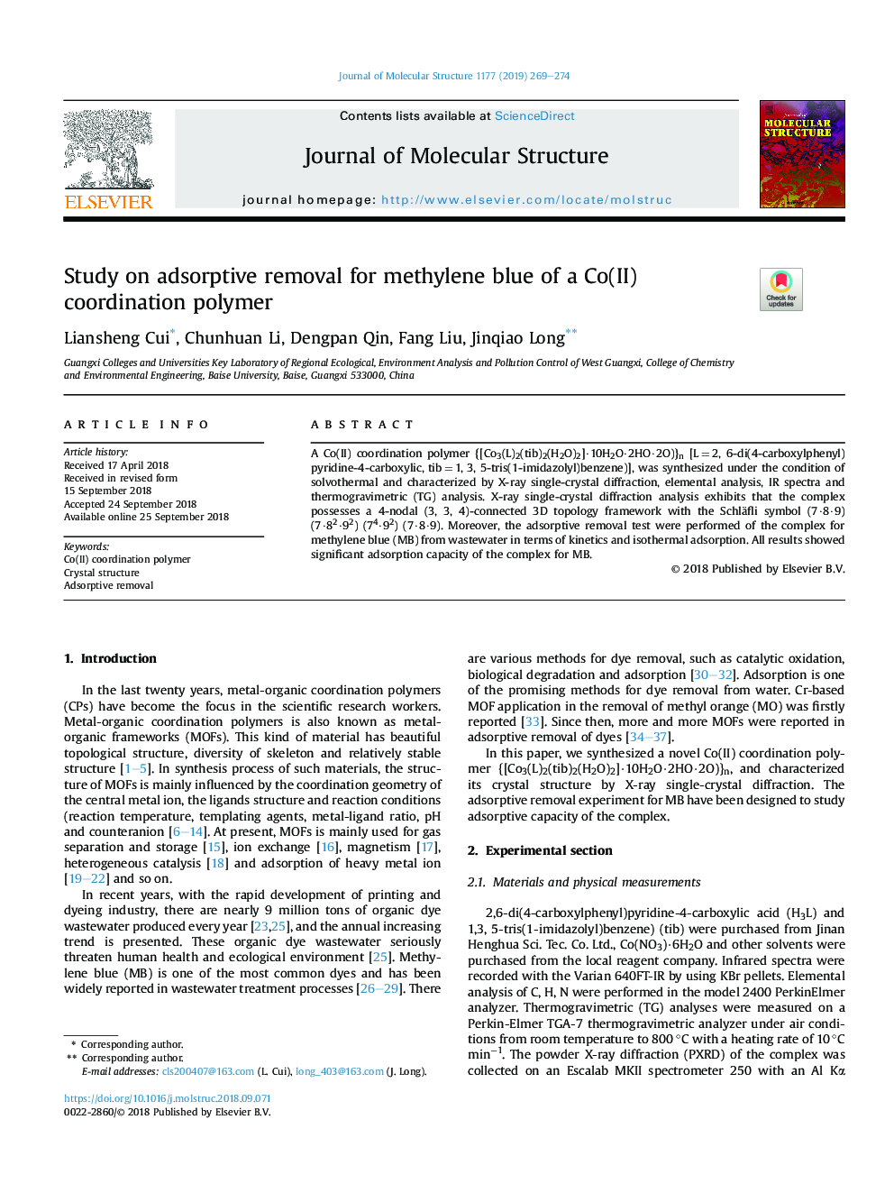 Study on adsorptive removal for methylene blue of a Co(II) coordination polymer