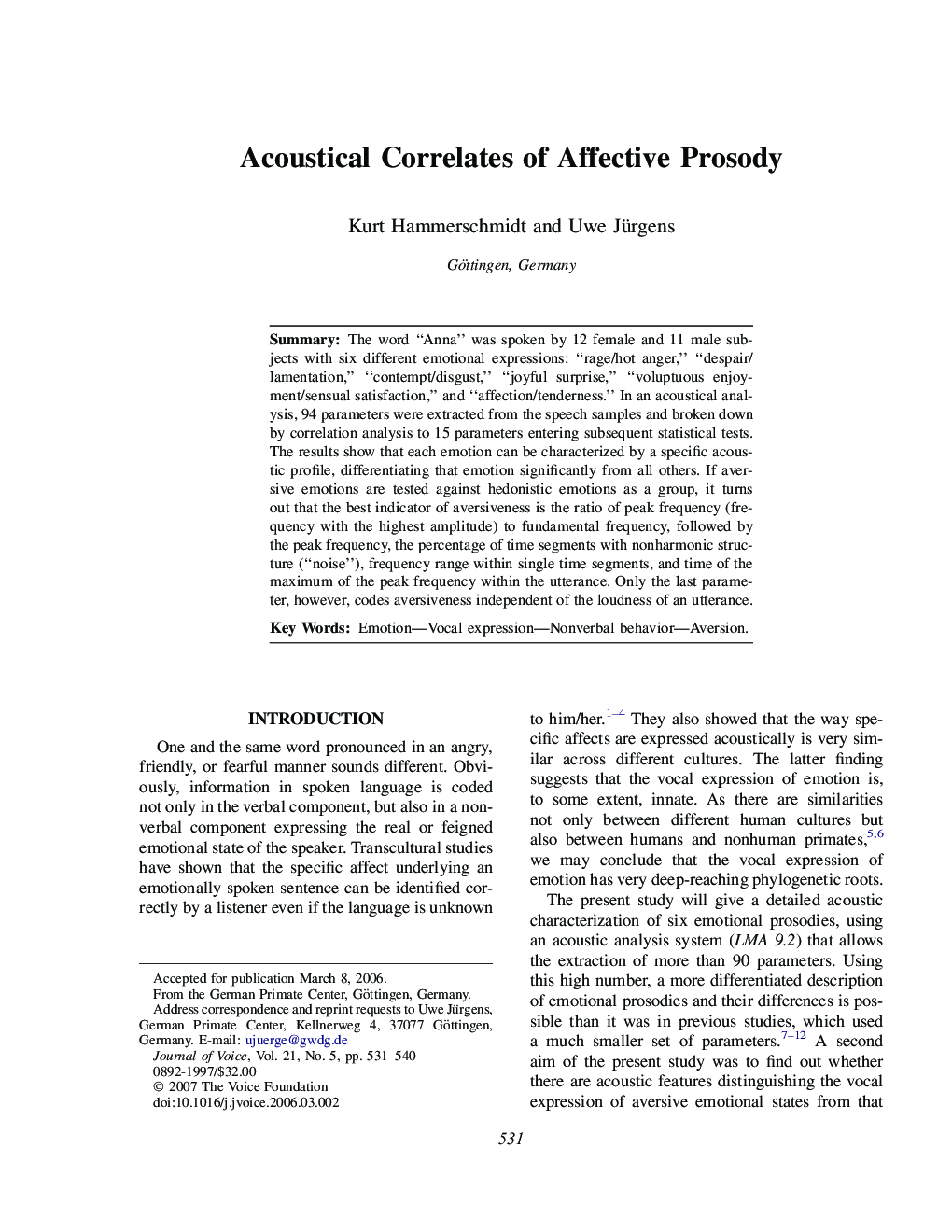 Acoustical Correlates of Affective Prosody