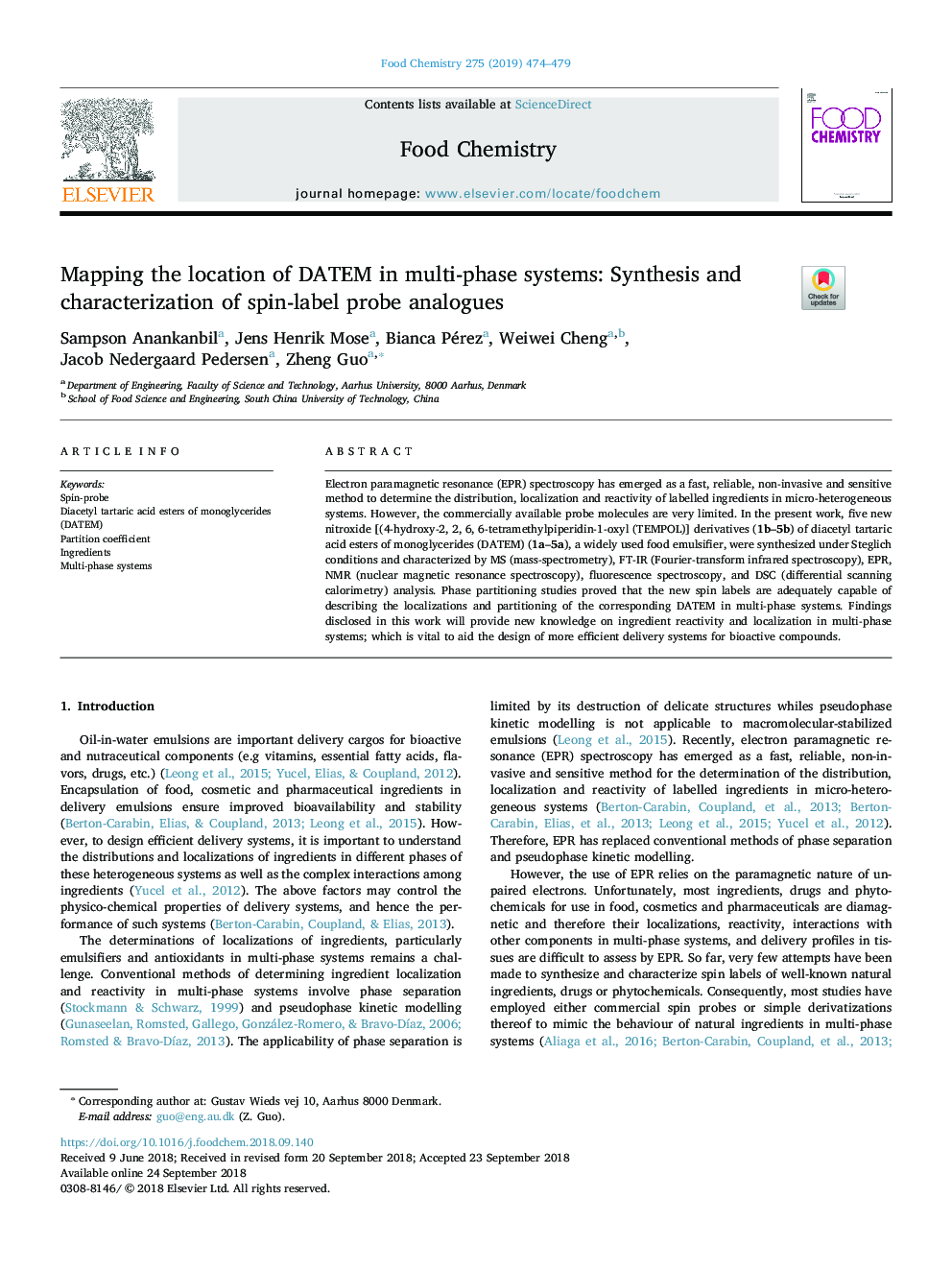 Mapping the location of DATEM in multi-phase systems: Synthesis and characterization of spin-label probe analogues