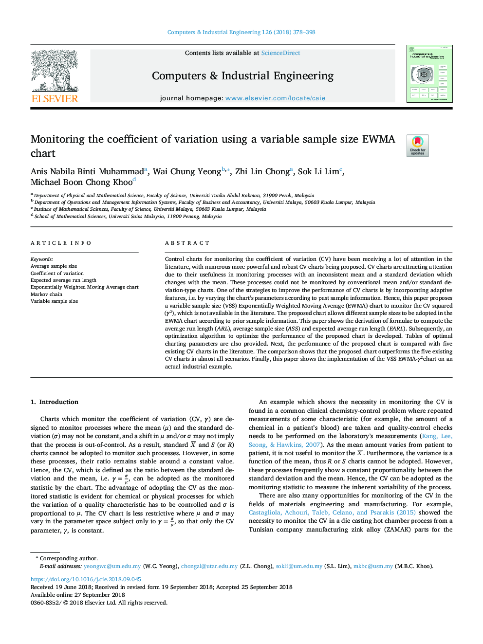 Monitoring the coefficient of variation using a variable sample size EWMA chart