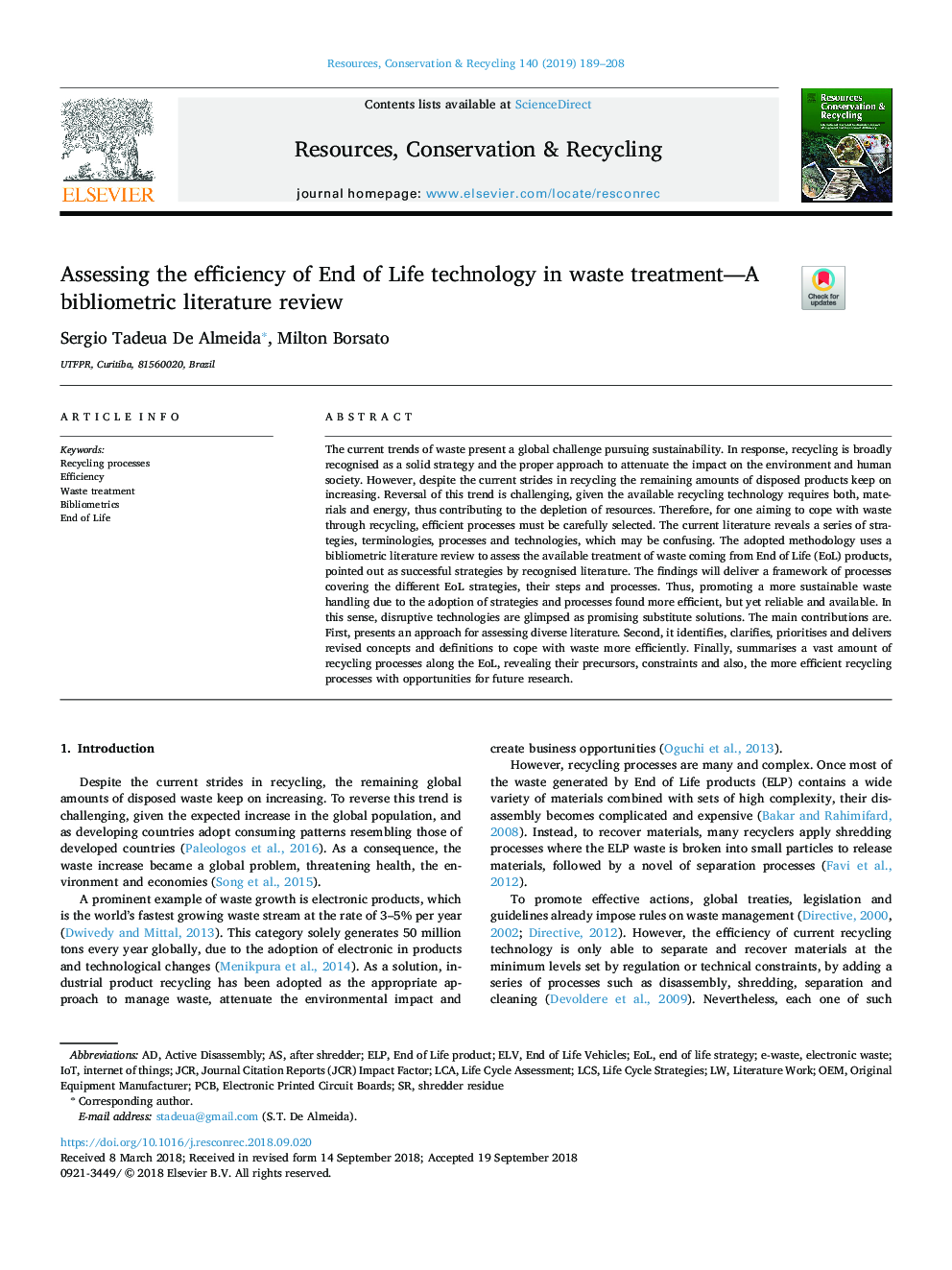 Assessing the efficiency of End of Life technology in waste treatment-A bibliometric literature review