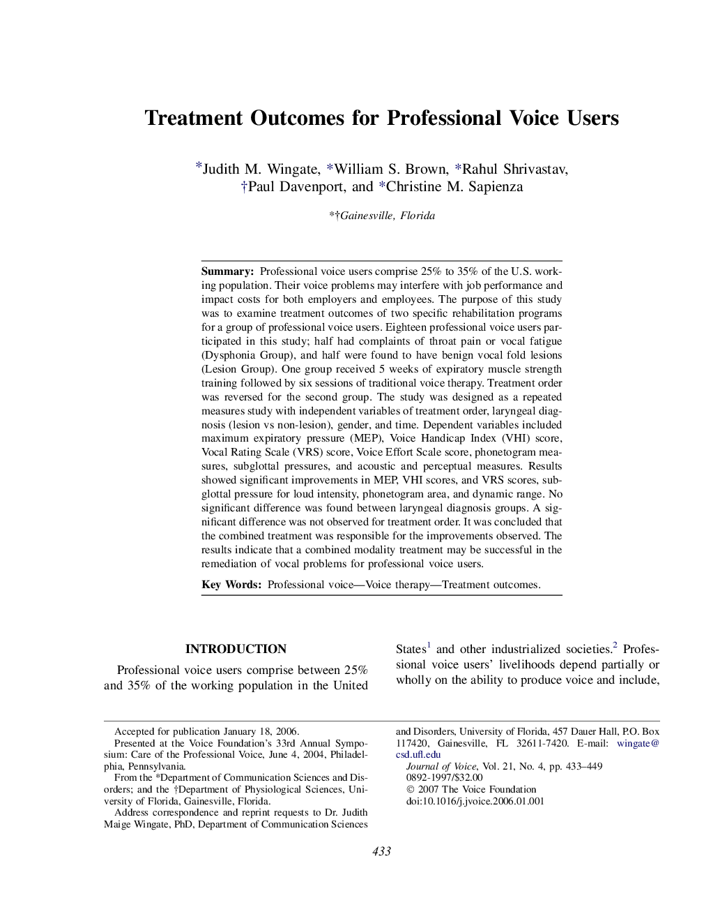 Treatment Outcomes for Professional Voice Users 
