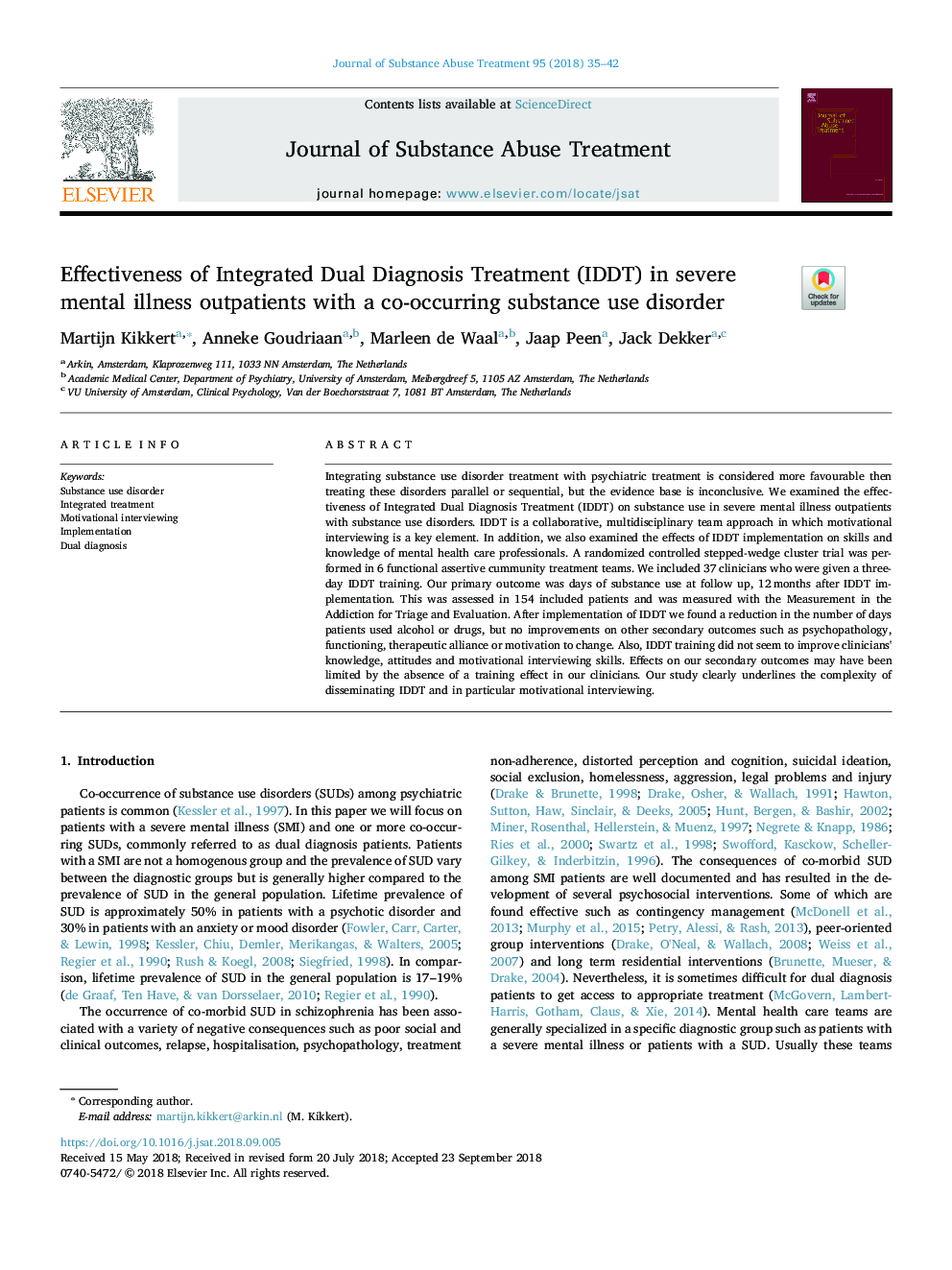 Effectiveness of Integrated Dual Diagnosis Treatment (IDDT) in severe mental illness outpatients with a co-occurring substance use disorder