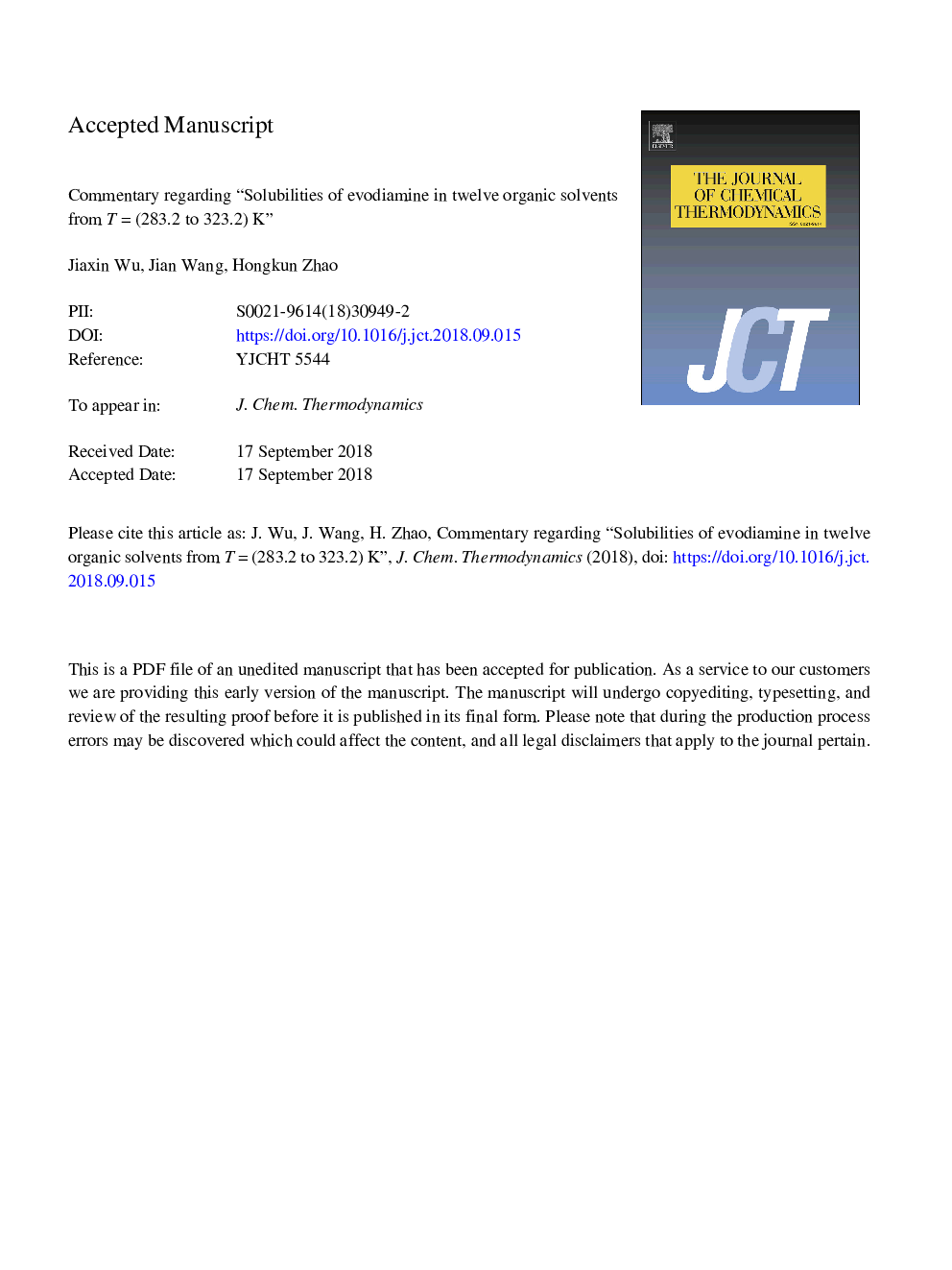 Commentary regarding “Solubilities of evodiamine in twelve organic solvents from Tâ¯=â¯(283.2 to 323.2) K”