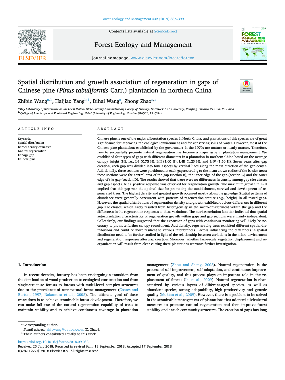 Spatial distribution and growth association of regeneration in gaps of Chinese pine (Pinus tabuliformis Carr.) plantation in northern China
