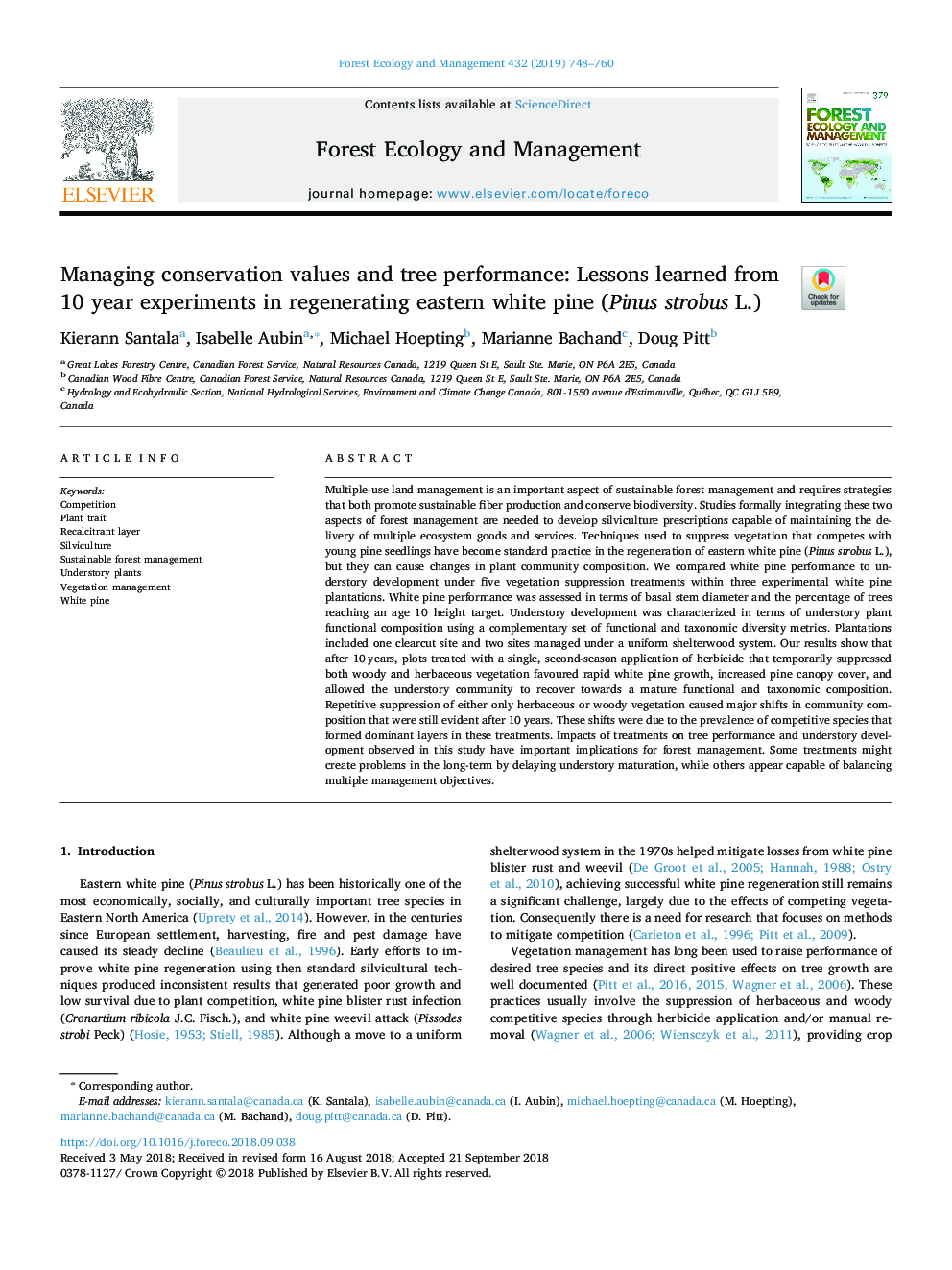 Managing conservation values and tree performance: Lessons learned from 10 year experiments in regenerating eastern white pine (Pinus strobus L.)