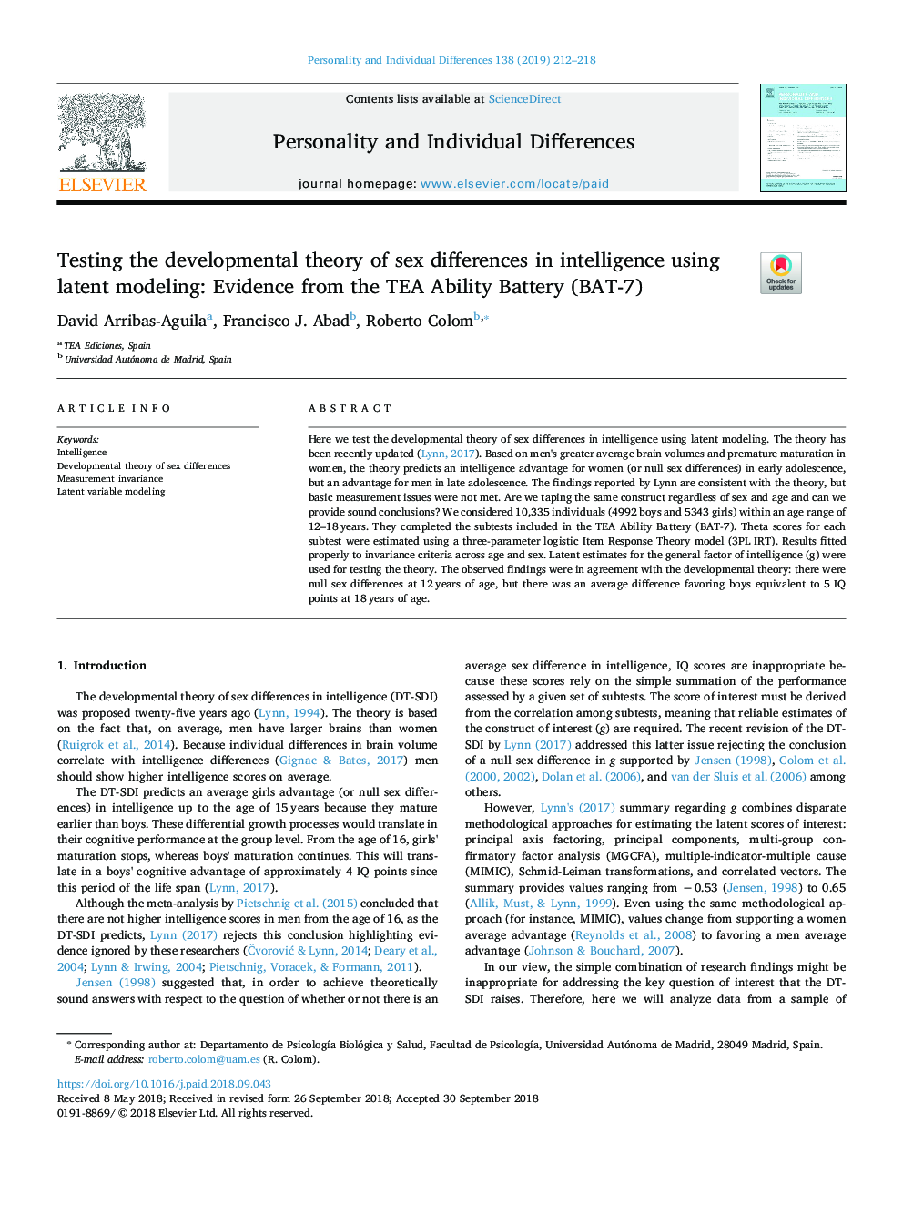 Testing the developmental theory of sex differences in intelligence using latent modeling: Evidence from the TEA Ability Battery (BAT-7)
