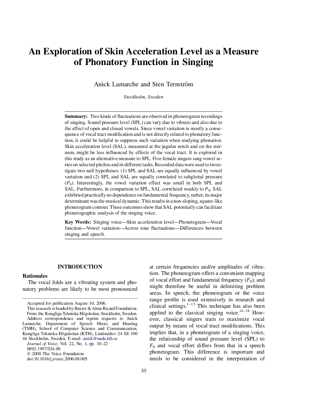 An Exploration of Skin Acceleration Level as a Measure of Phonatory Function in Singing 