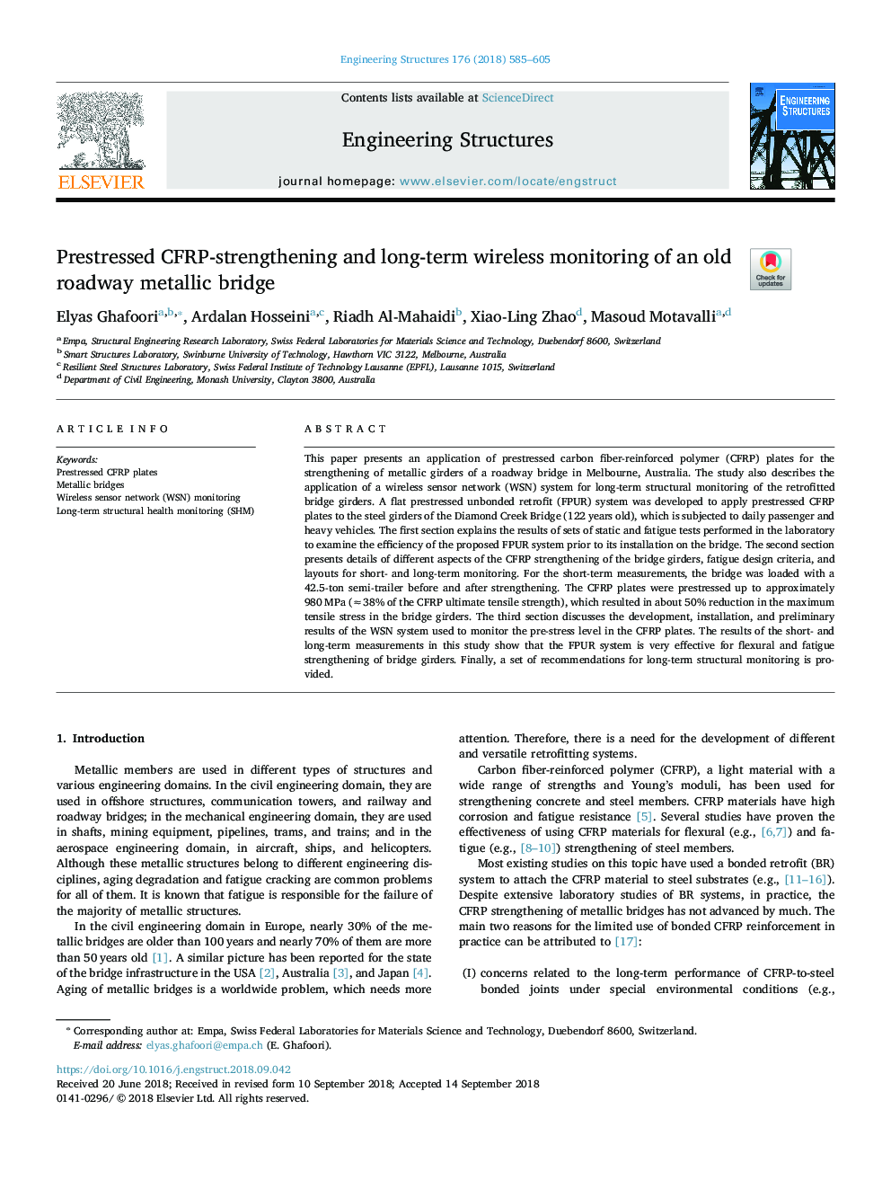 Prestressed CFRP-strengthening and long-term wireless monitoring of an old roadway metallic bridge