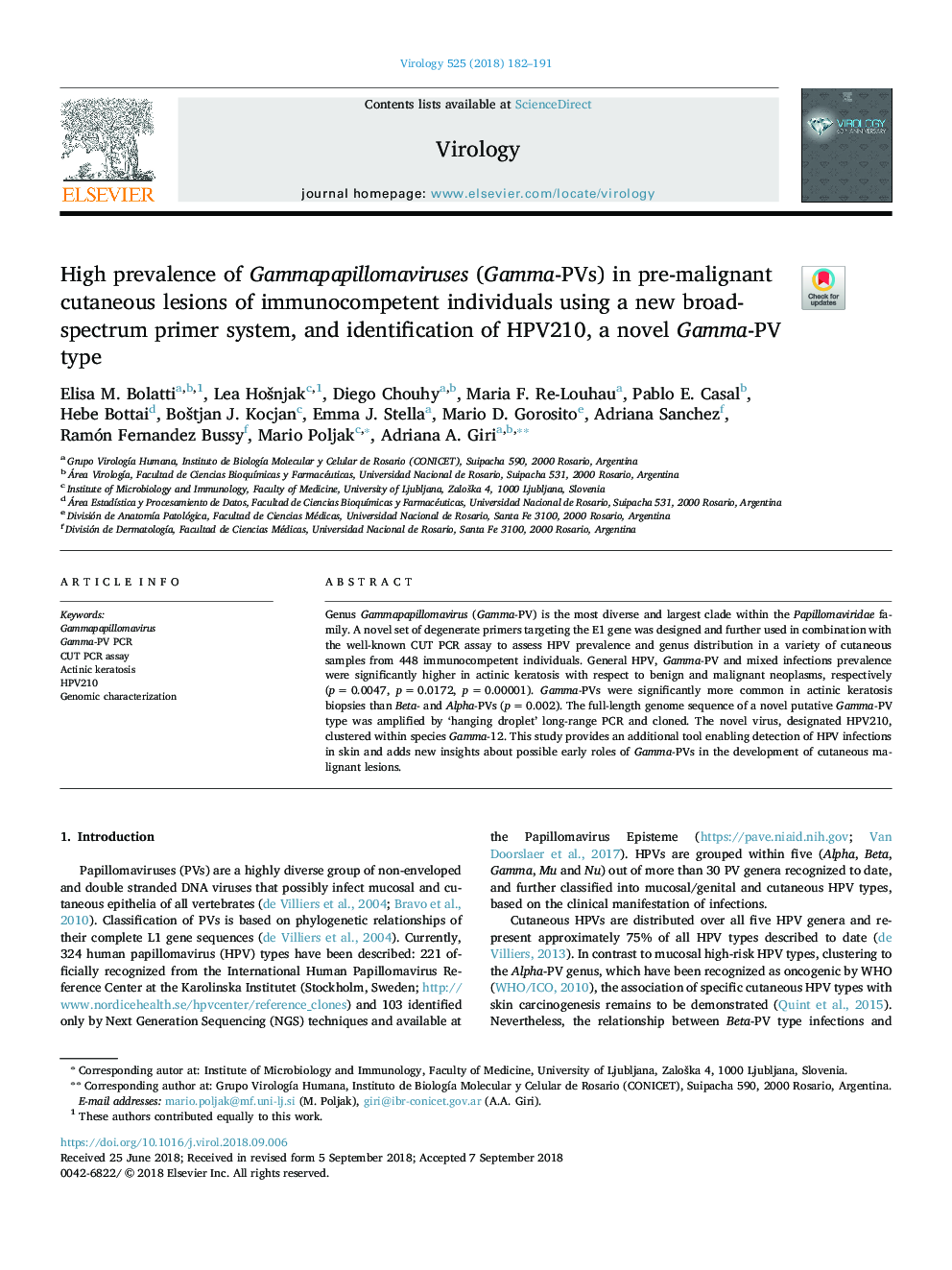 High prevalence of Gammapapillomaviruses (Gamma-PVs) in pre-malignant cutaneous lesions of immunocompetent individuals using a new broad-spectrum primer system, and identification of HPV210, a novel Gamma-PV type
