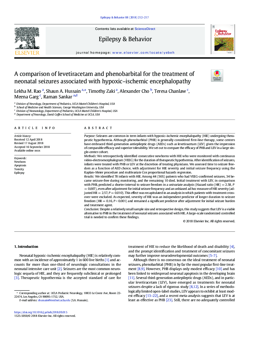 مقایسه لوتیترازتام و فنوباربیتال در درمان تشنجات نوزادی با آنسفالوپاتی هیپوکسیک-ایسکمی