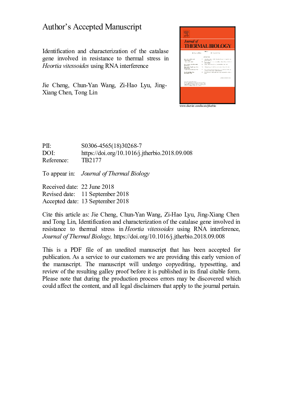 Identification and characterization of the catalase gene involved in resistance to thermal stress in Heortia vitessoides using RNA interference