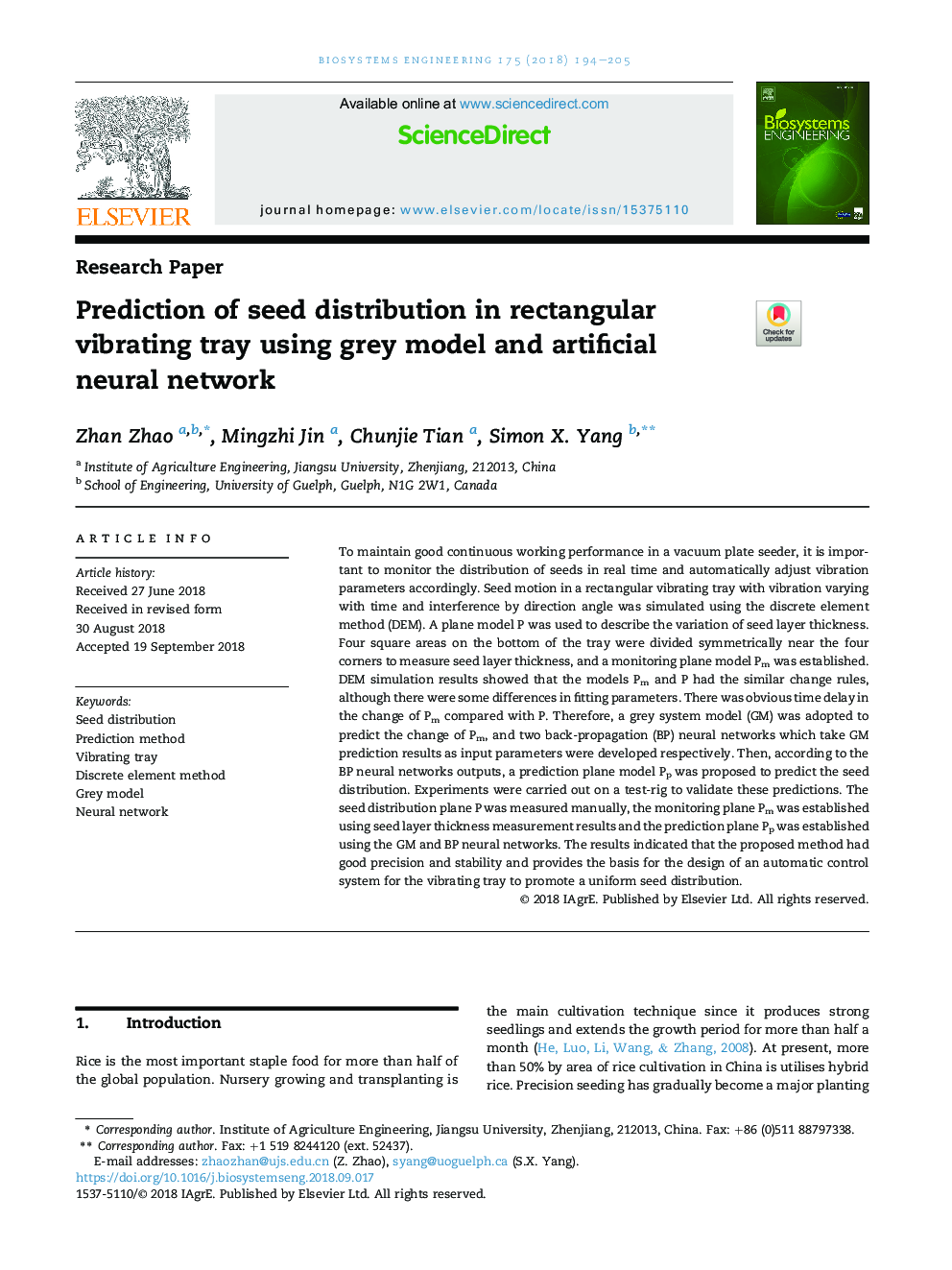 Prediction of seed distribution in rectangular vibrating tray using grey model and artificial neuralÂ network