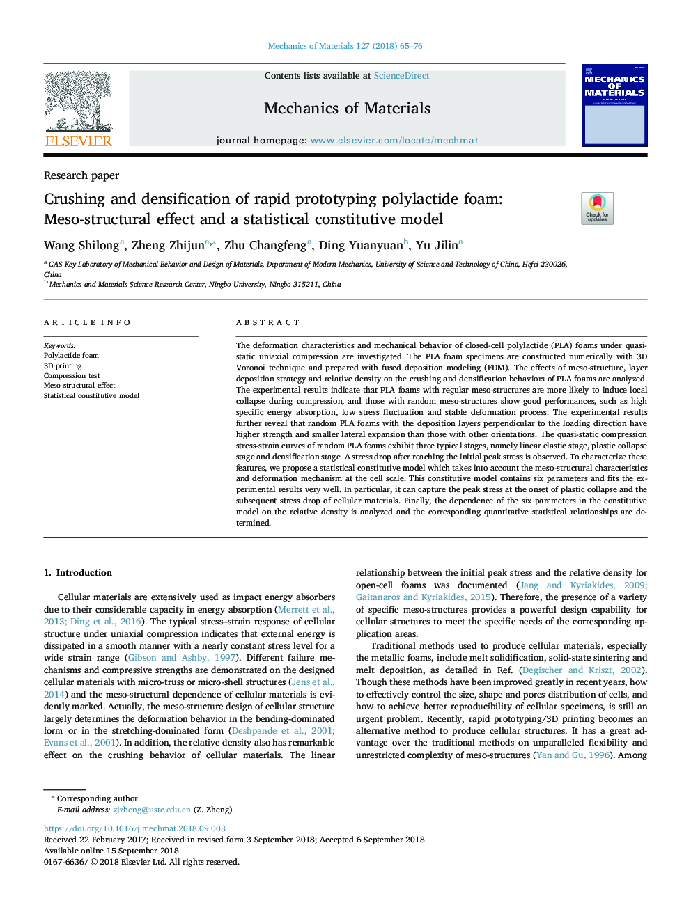 Crushing and densification of rapid prototyping polylactide foam: Meso-structural effect and a statistical constitutive model