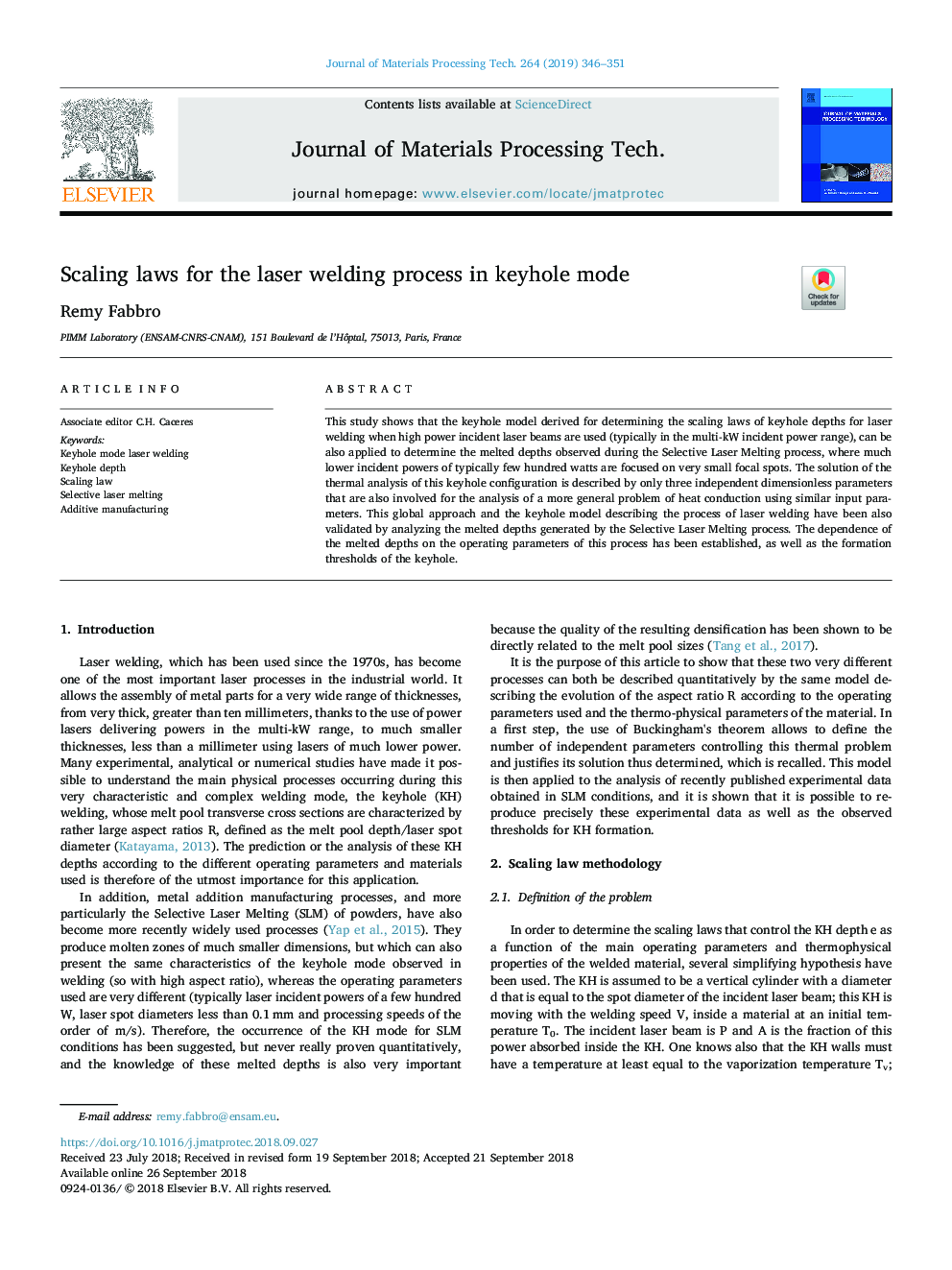 Scaling laws for the laser welding process in keyhole mode