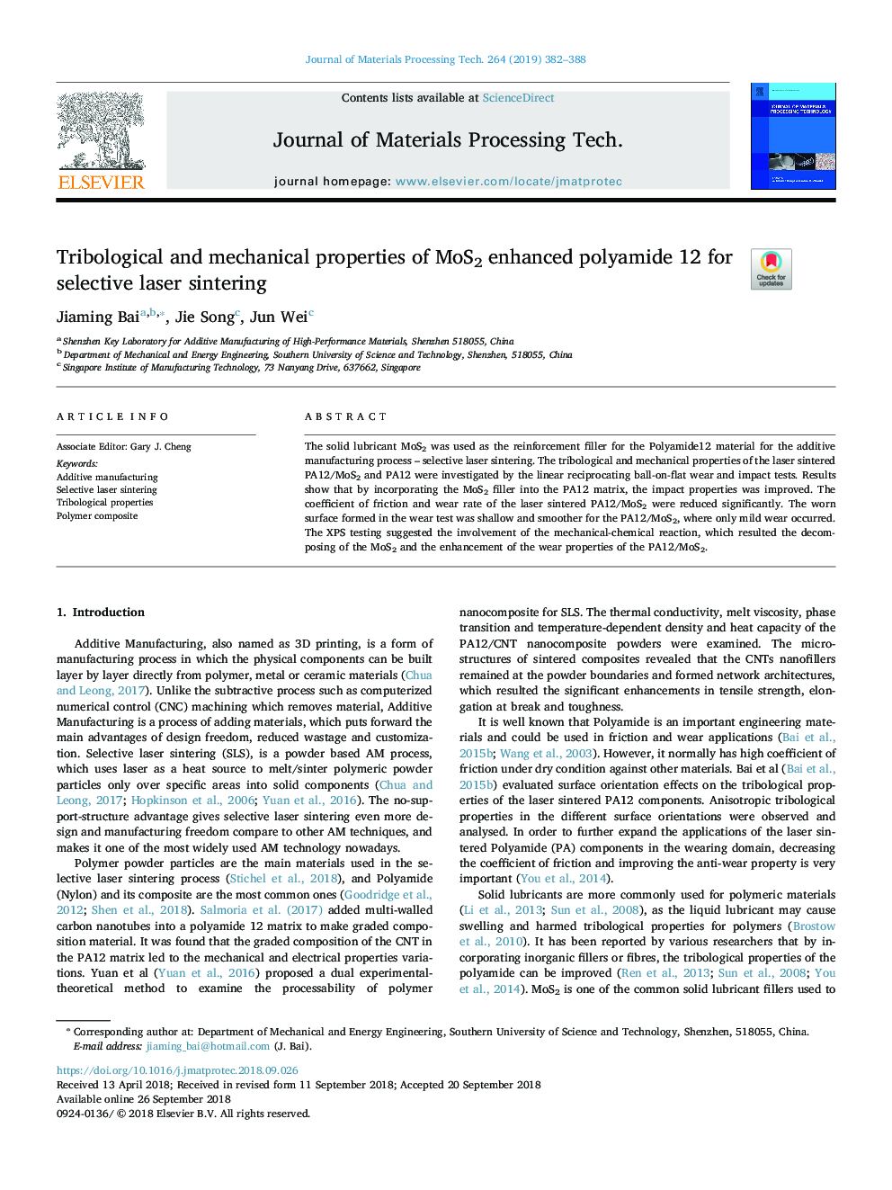 Tribological and mechanical properties of MoS2 enhanced polyamide 12 for selective laser sintering