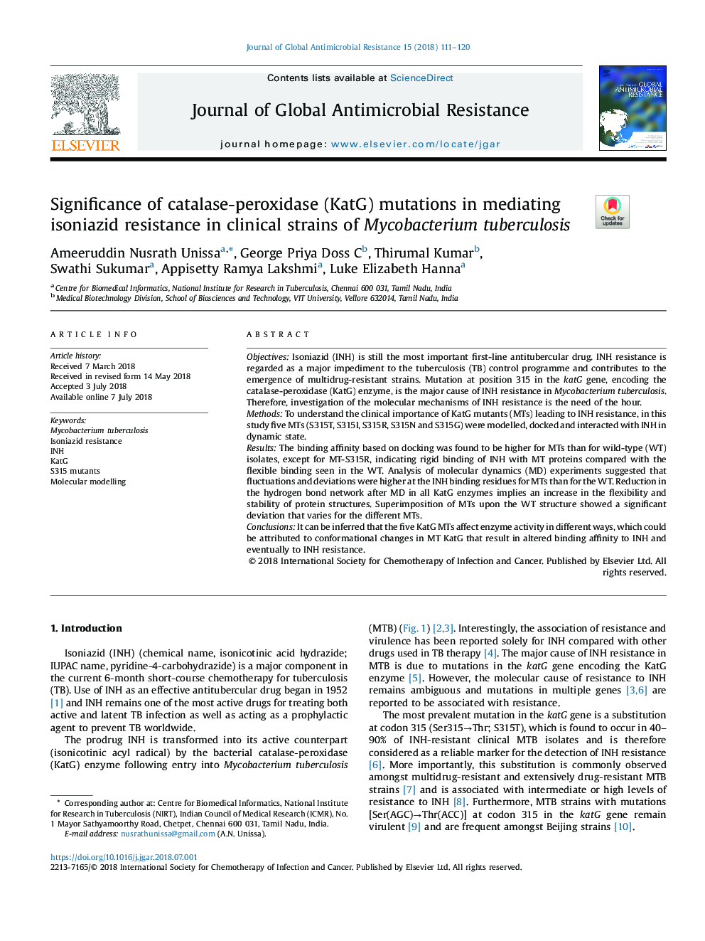 Significance of catalase-peroxidase (KatG) mutations in mediating isoniazid resistance in clinical strains of Mycobacterium tuberculosis