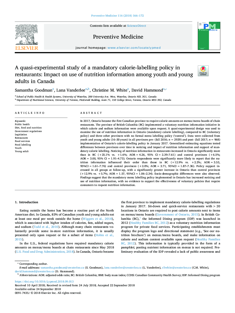 یک مطالعه شبه تجربی از یک سیاست ضروری برای کالیبراسیون در رستوران ها: تأثیر استفاده از اطلاعات تغذیه در میان جوانان و بزرگسالان جوان در کانادا