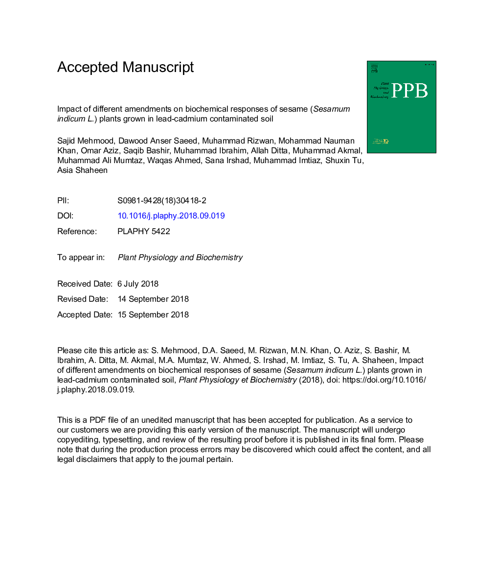 Impact of different amendments on biochemical responses of sesame (Sesamum indicum L.) plants grown in lead-cadmium contaminated soil