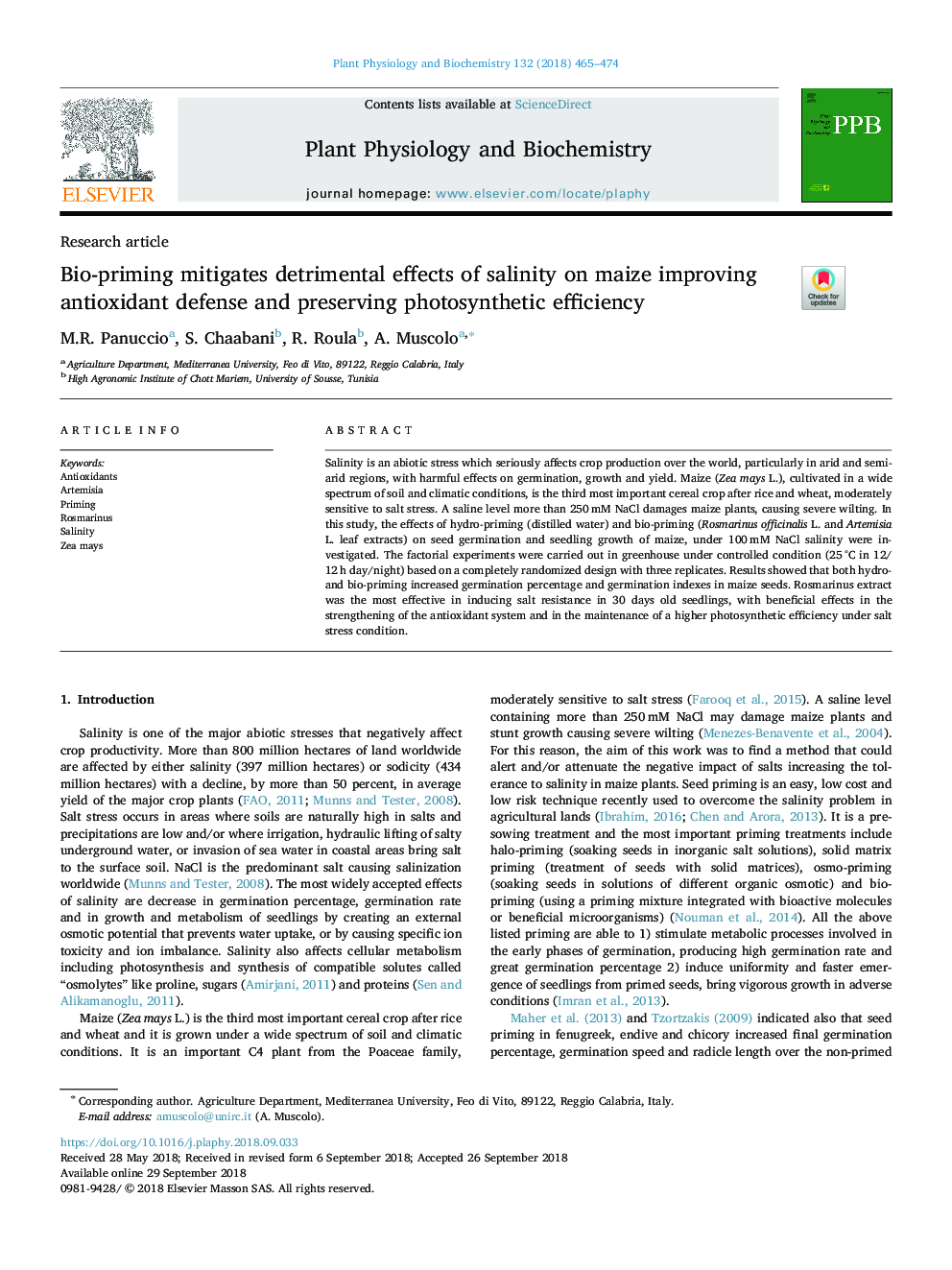 Bio-priming mitigates detrimental effects of salinity on maize improving antioxidant defense and preserving photosynthetic efficiency