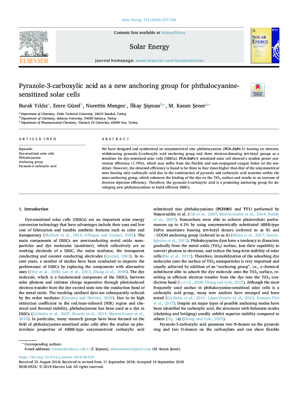 پریازول 3-کربوکسیلیک اسید به عنوان یک گروه تقویت کننده جدید برای سلول های خورشیدی حساسیت فتالوسینین