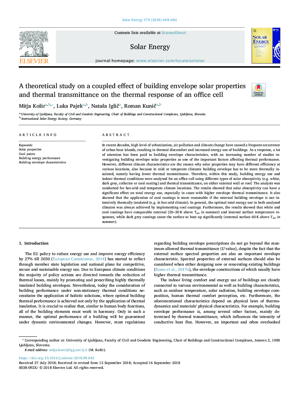 یک مطالعه تئوری در مورد اثر متقابل ساختمان خواص خورشیدی و انتقال حرارت در پاسخ گرمائی یک سلول اداری