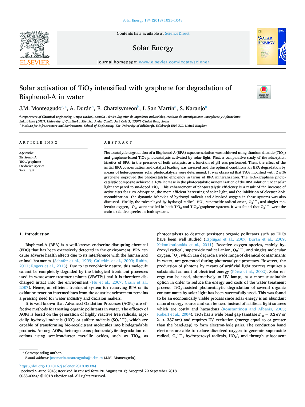 Solar activation of TiO2 intensified with graphene for degradation of Bisphenol-A in water