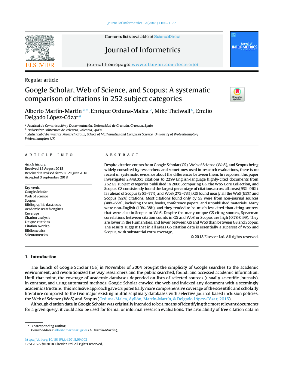 Google Scholar, Web of Science, and Scopus: A systematic comparison of citations in 252 subject categories