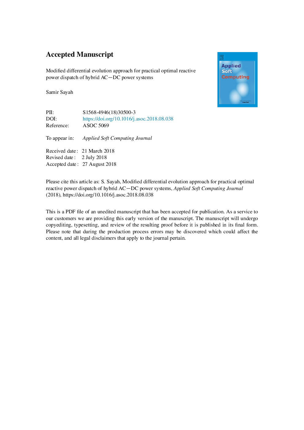 Modified differential evolution approach for practical optimal reactive power dispatch of hybrid AC-DC power systems