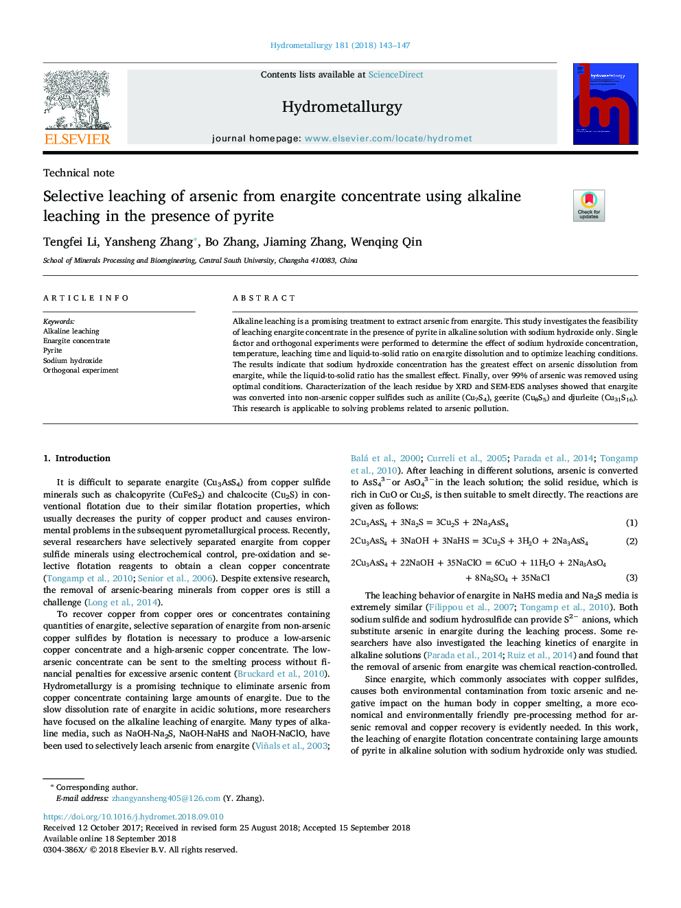 Selective leaching of arsenic from enargite concentrate using alkaline leaching in the presence of pyrite