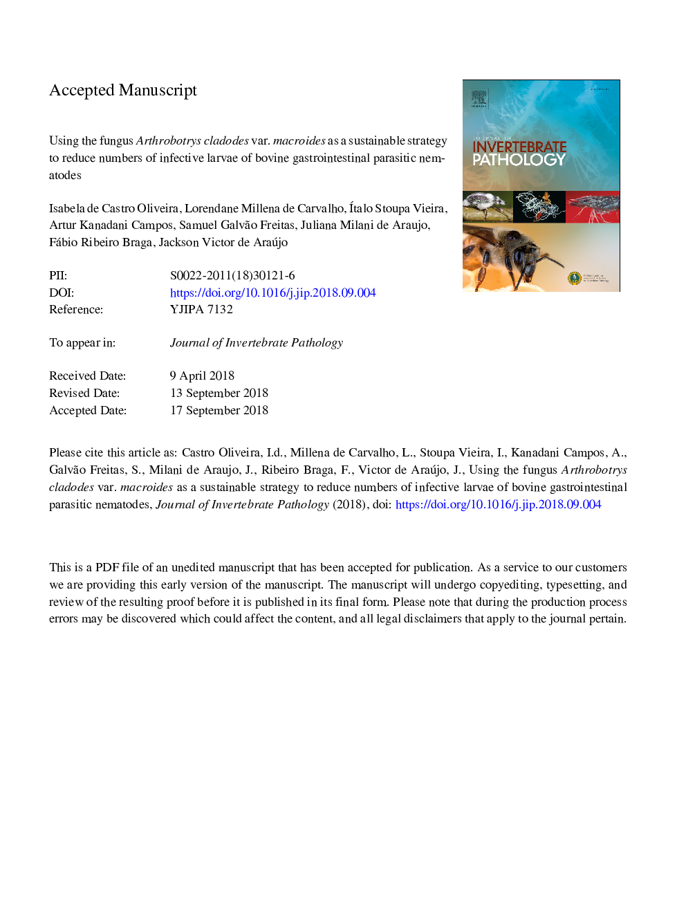 Using the fungus Arthrobotrys cladodes var. macroides as a sustainable strategy to reduce numbers of infective larvae of bovine gastrointestinal parasitic nematodes