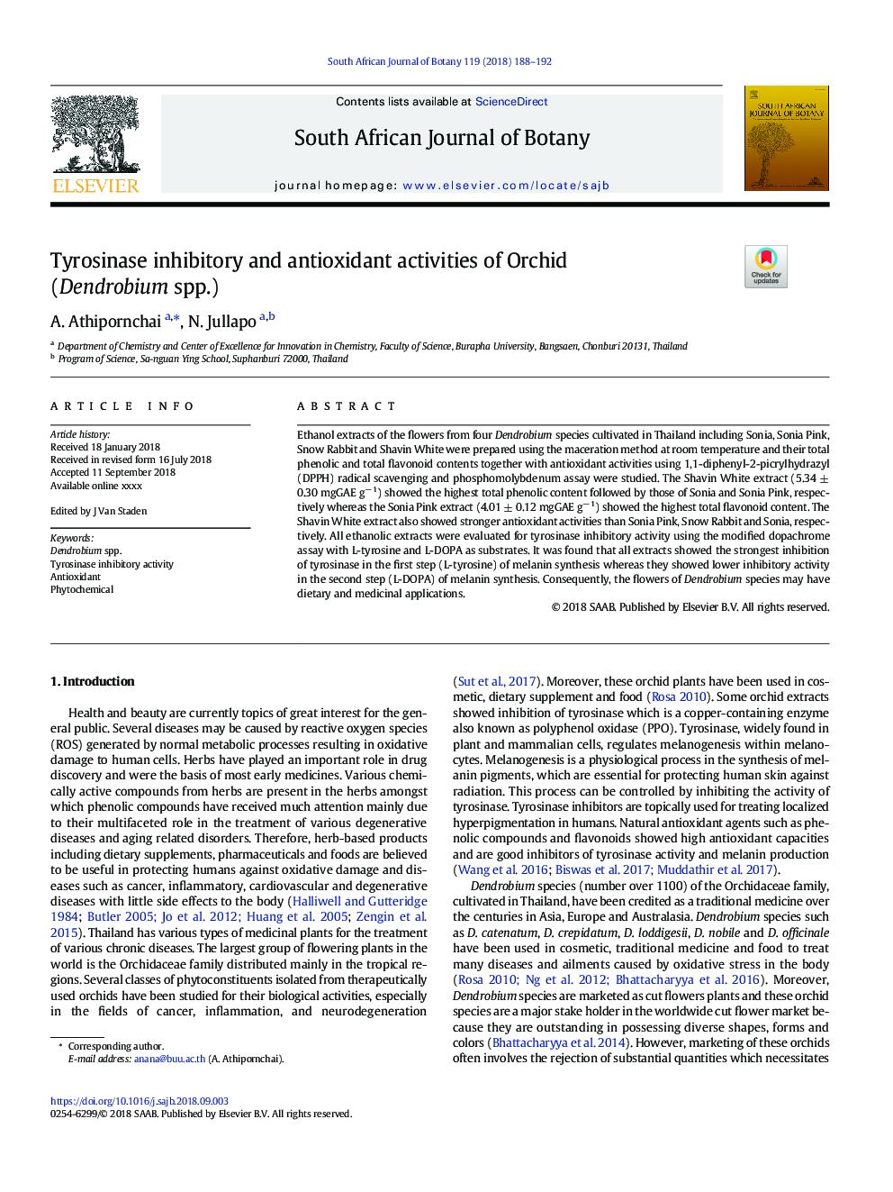 Tyrosinase inhibitory and antioxidant activities of Orchid (Dendrobium spp.)