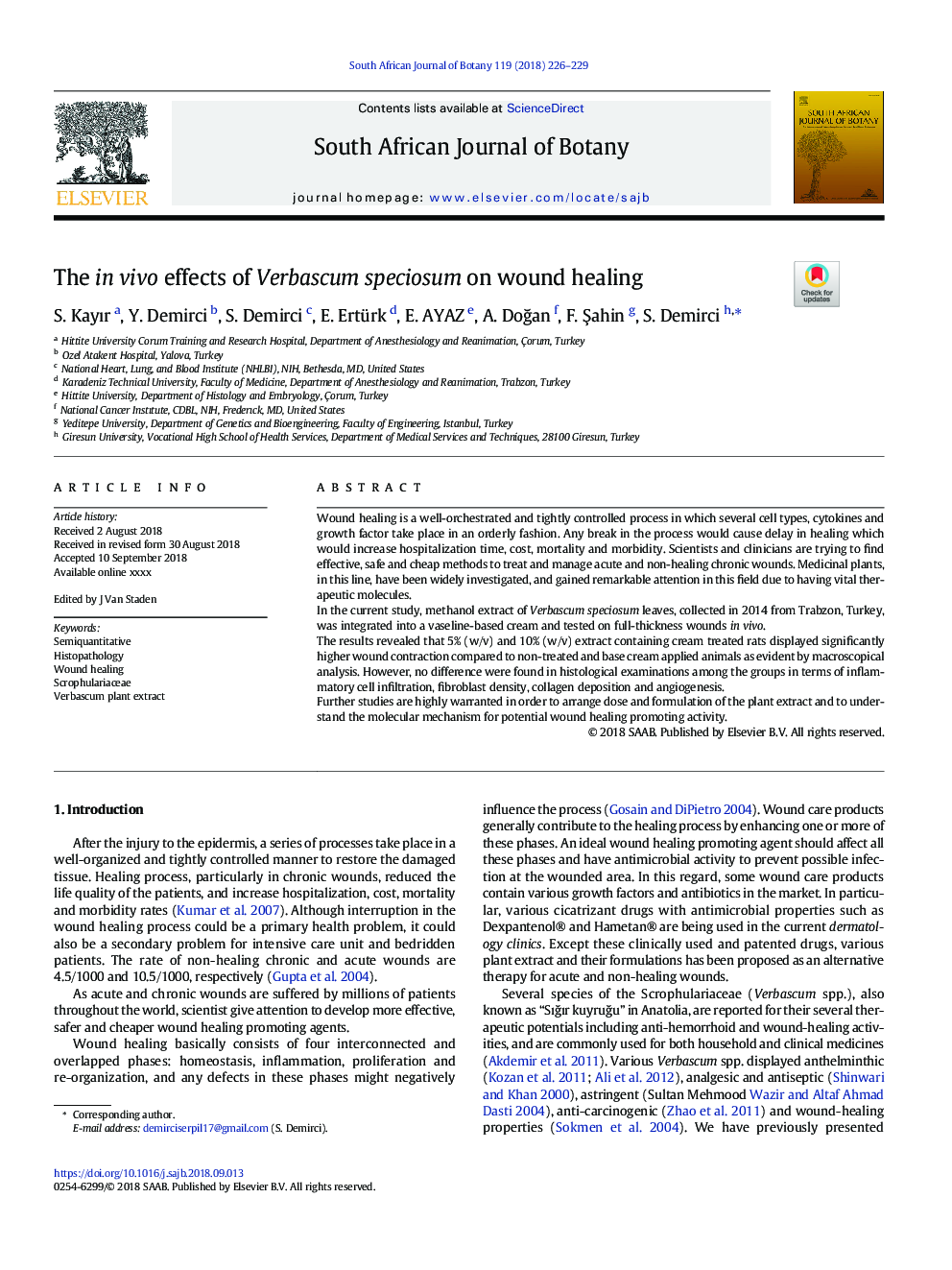 The in vivo effects of Verbascum speciosum on wound healing