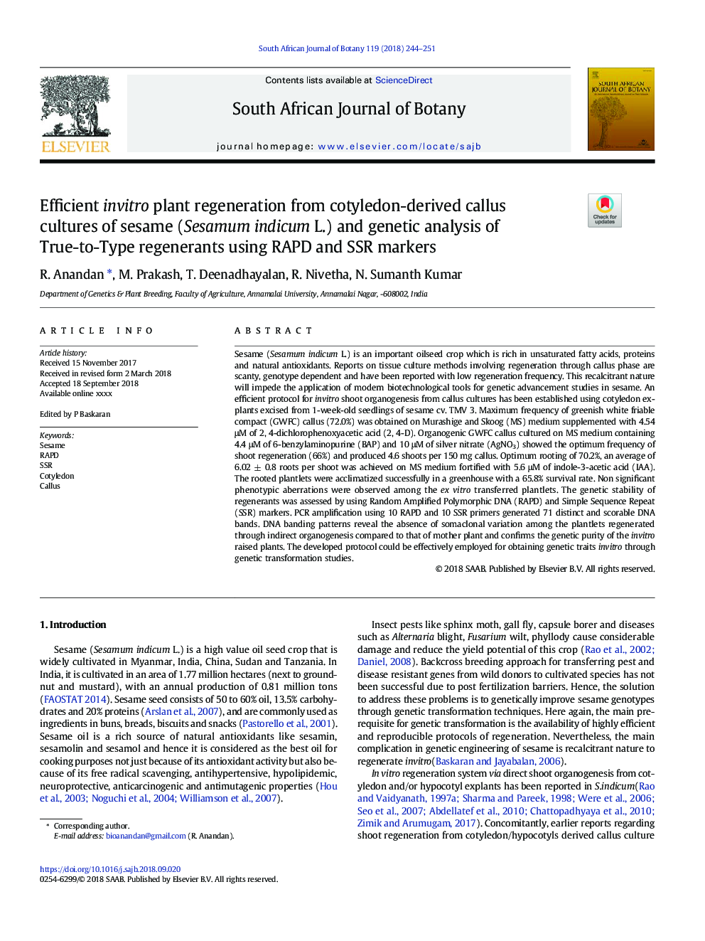 Efficient invitro plant regeneration from cotyledon-derived callus cultures of sesame (Sesamum indicum L.) and genetic analysis of True-to-Type regenerants using RAPD and SSR markers