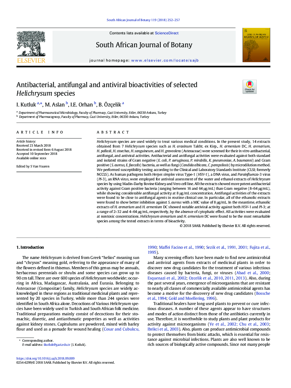 Antibacterial, antifungal and antiviral bioactivities of selected Helichrysum species