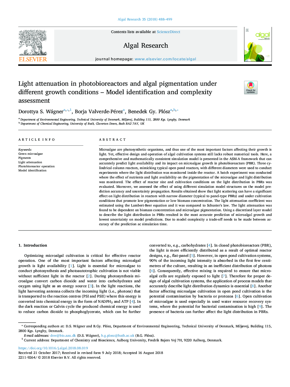 Light attenuation in photobioreactors and algal pigmentation under different growth conditions - Model identification and complexity assessment