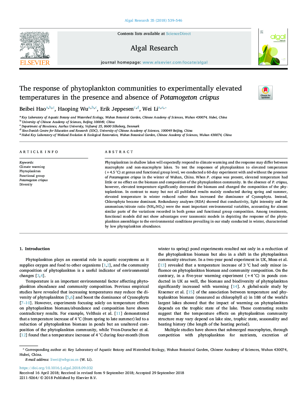 The response of phytoplankton communities to experimentally elevated temperatures in the presence and absence of Potamogeton crispus