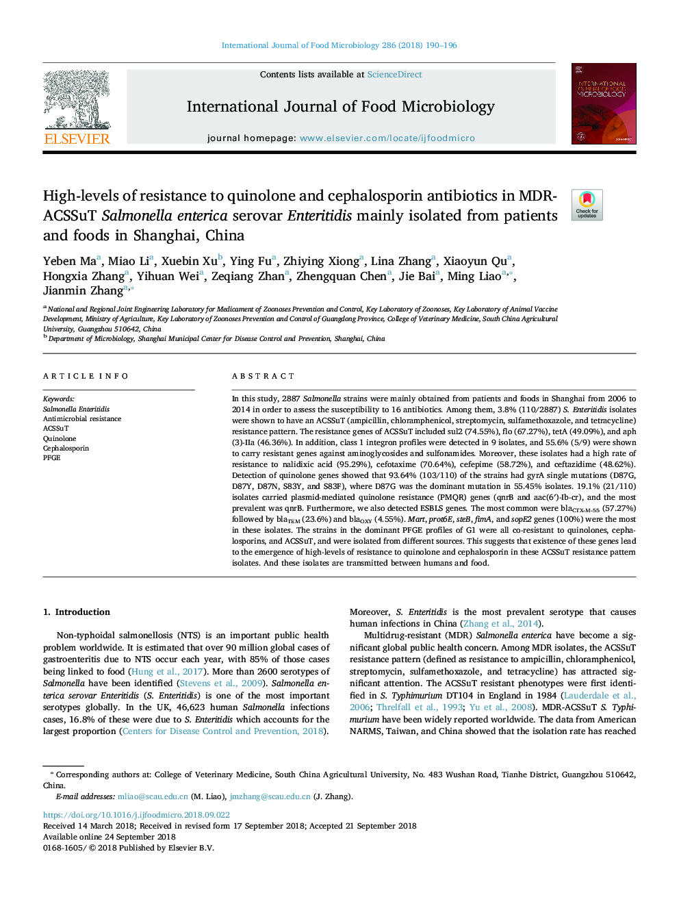 High-levels of resistance to quinolone and cephalosporin antibiotics in MDR-ACSSuT Salmonella enterica serovar Enteritidis mainly isolated from patients and foods in Shanghai, China