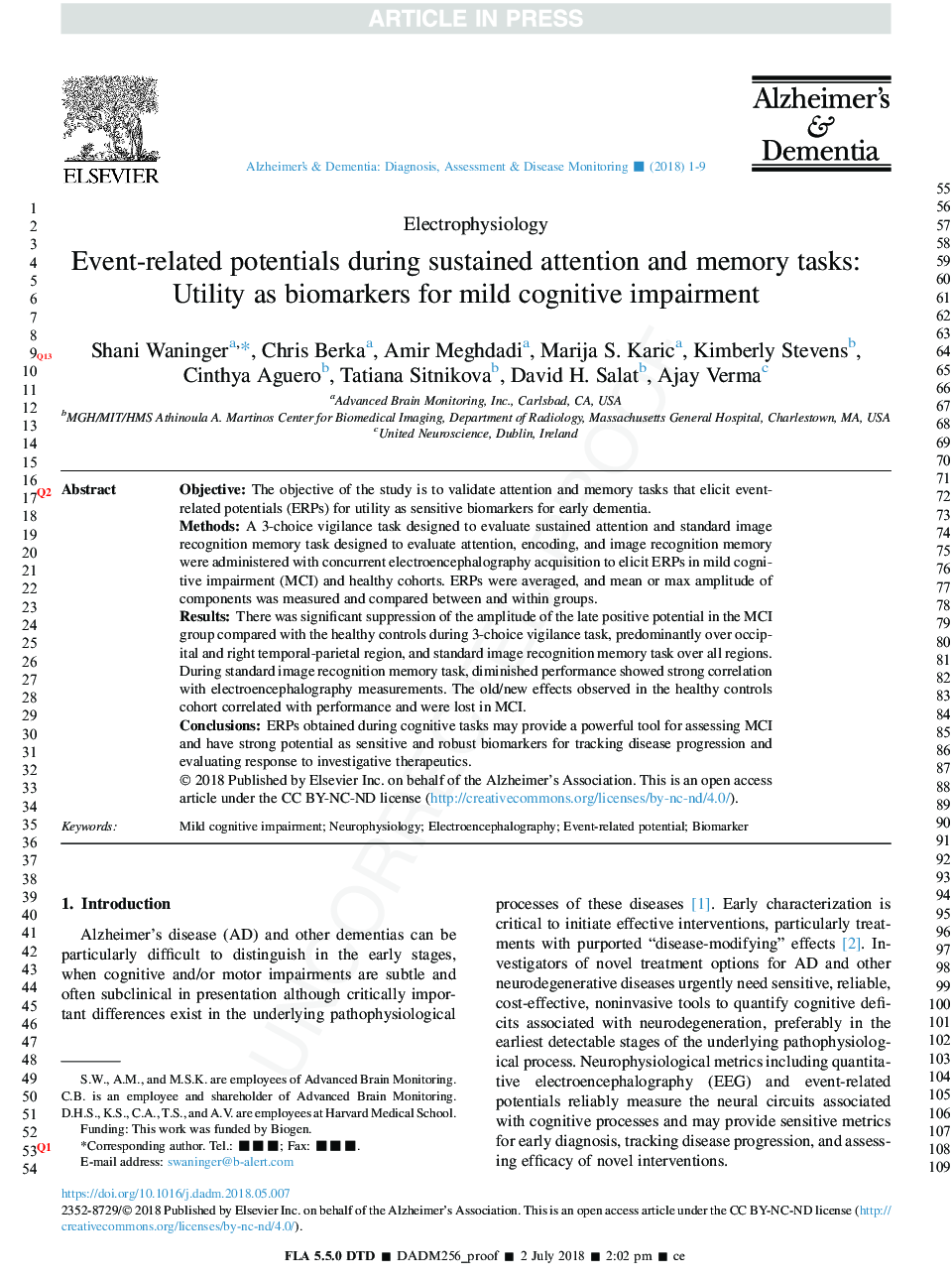 پتانسیل مربوط به رویداد در طول تمرینات توجه و حافظه پایدار: سودمند به عنوان نشانگرهای زیستی برای اختلالات شناختی خفیف