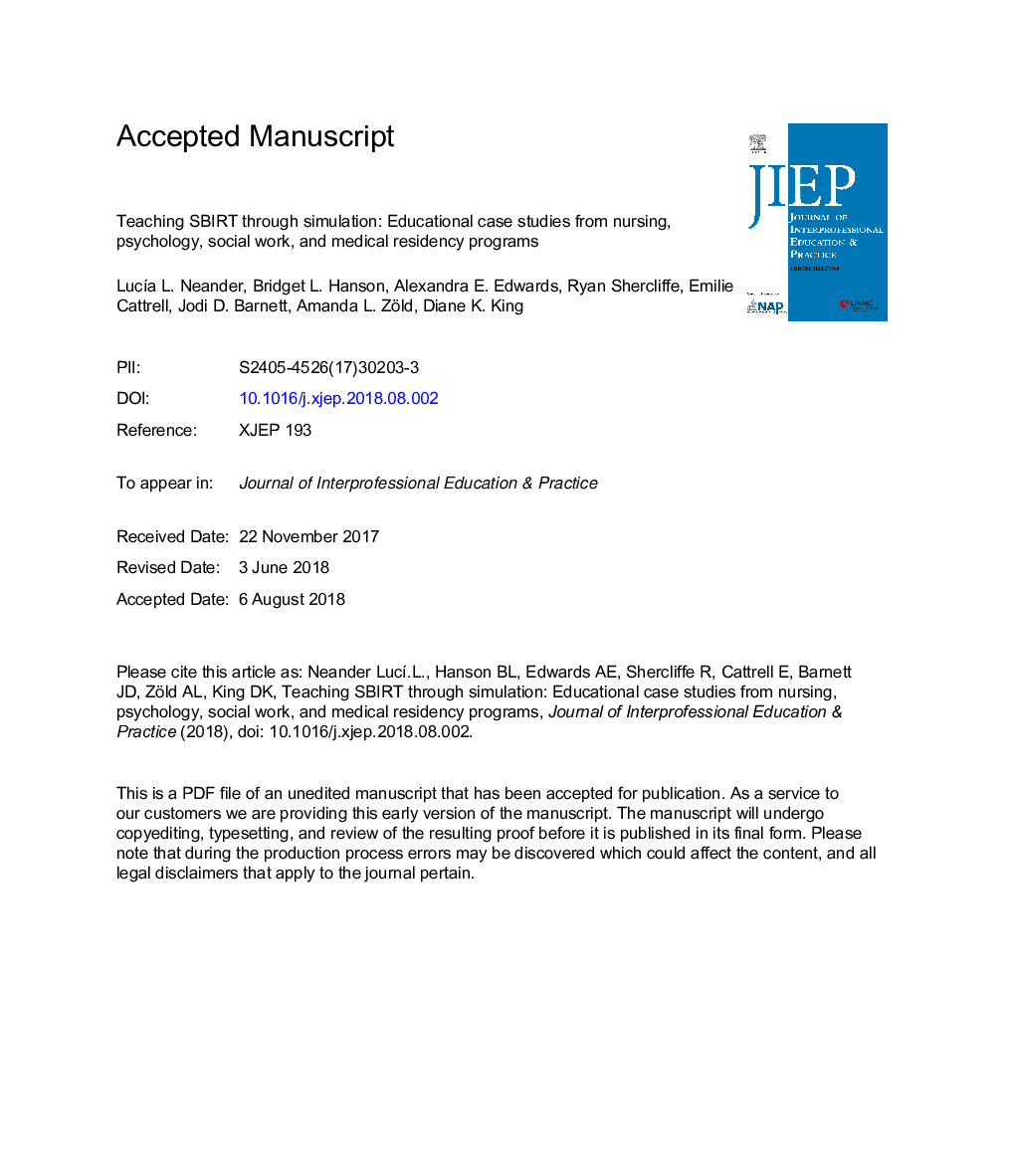 Teaching SBIRT through simulation: Educational case studies from nursing, psychology, social work, and medical residency programs