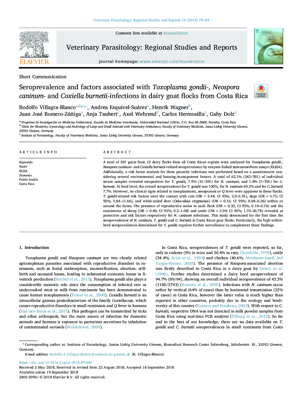 Seroprevalence and factors associated with Toxoplasma gondii-, Neospora caninum- and Coxiella burnetii-infections in dairy goat flocks from Costa Rica